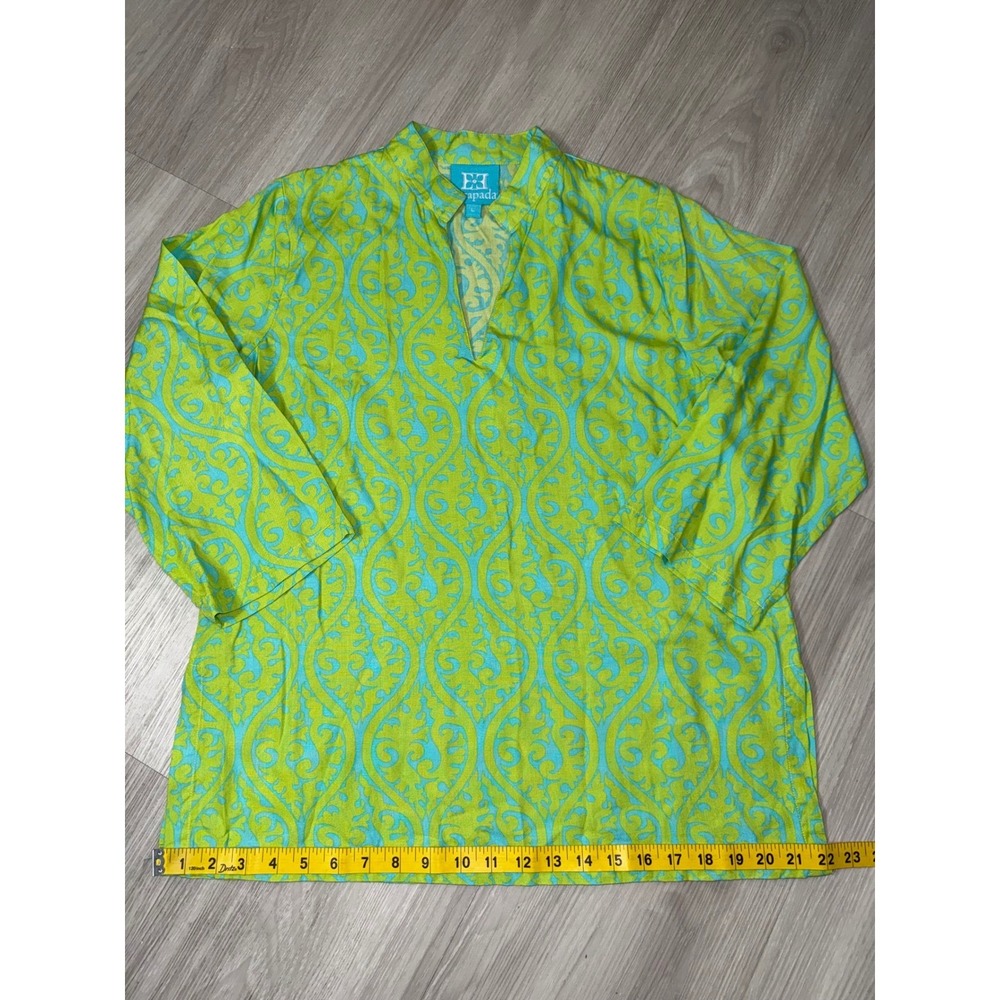 Escapada Womens Tunic Top L Lime Green Turquoise Blue Damask 3/4 Sleeve V-Neck - Picture 5 of 11